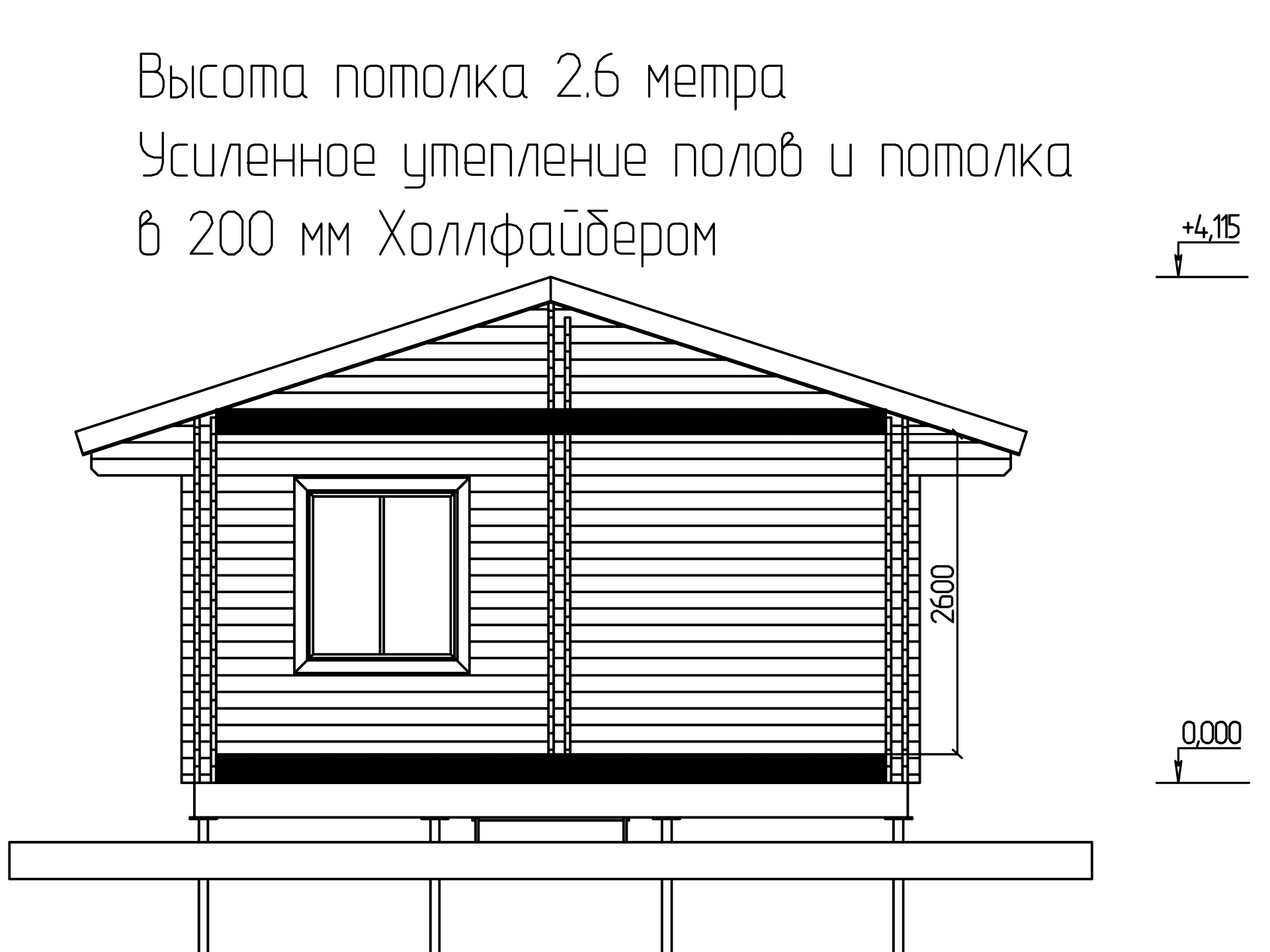 Фасад с высотами: потолок 2.6 м, усиленное утепление пола и потолка Холлофайбером 200 мм